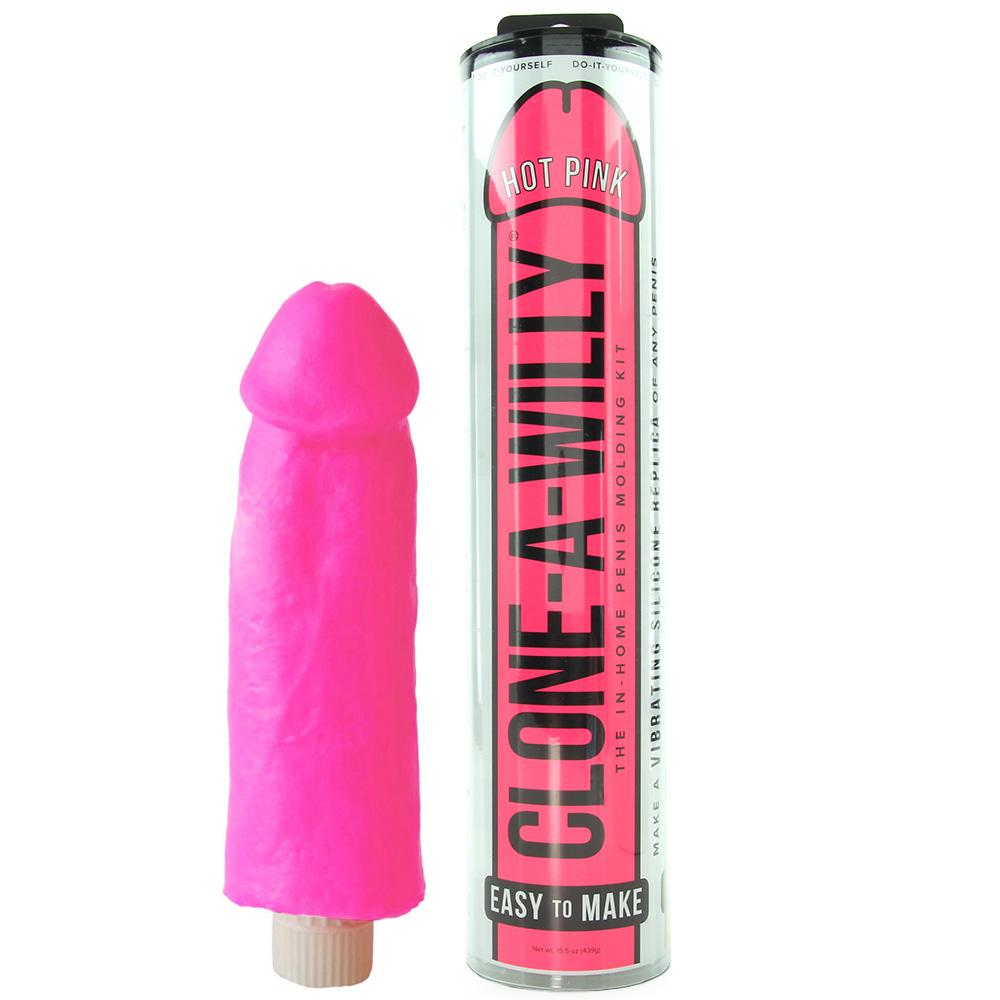 Hot pink Clone A Willy silicone penis casting kit with vibrator, shown in packaging.