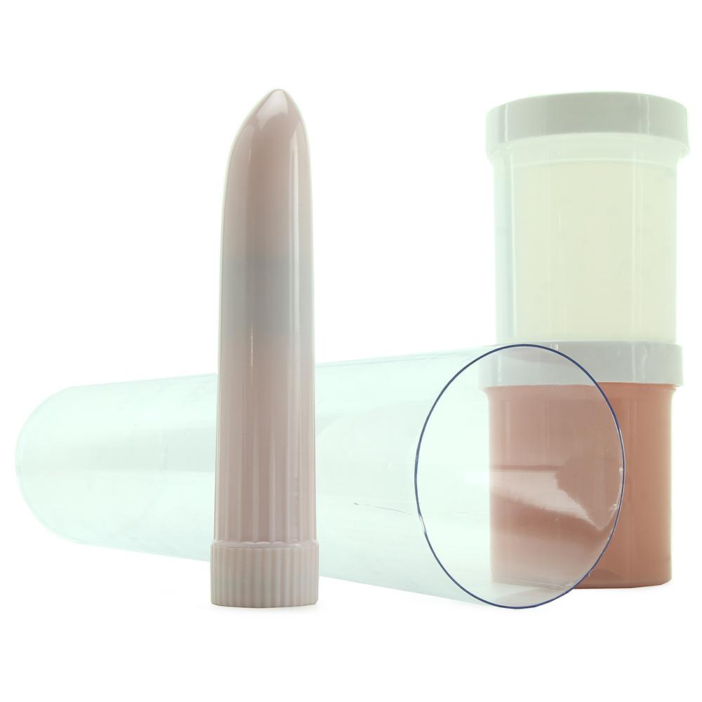 DIY silicone molding kit with a light skin tone vibrator and molding supplies.