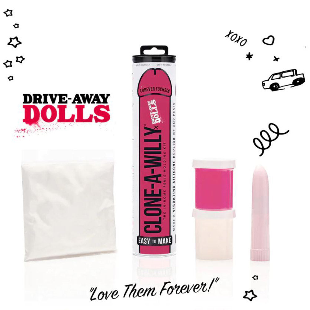 Clone-A-Willy DIY kit with Forever Fuchsia silicone, molding powder, vibrator, and instructions.