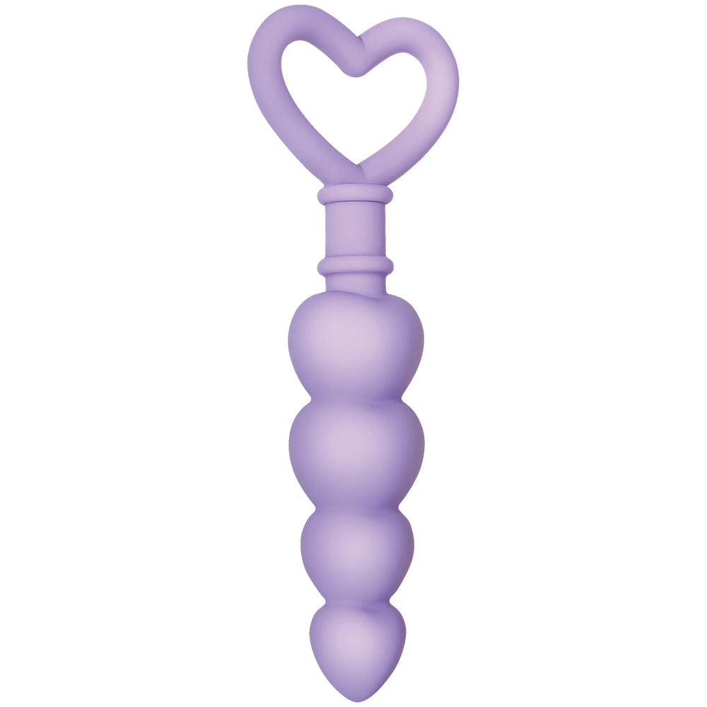 Purple silicone anal beads with a heart-shaped handle.