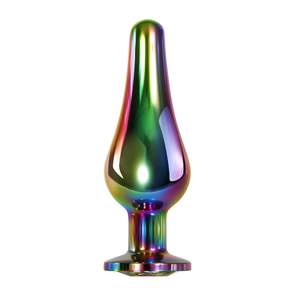 Small rainbow metal anal plug with a gem accent.