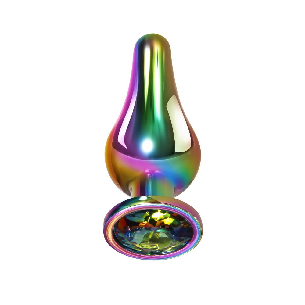 Small rainbow metal anal plug with a gem accent.