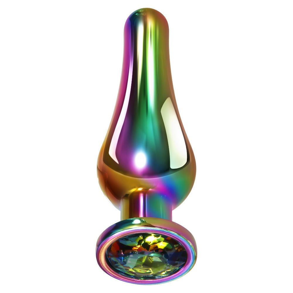 Medium rainbow metal anal plug with a gem accent.
