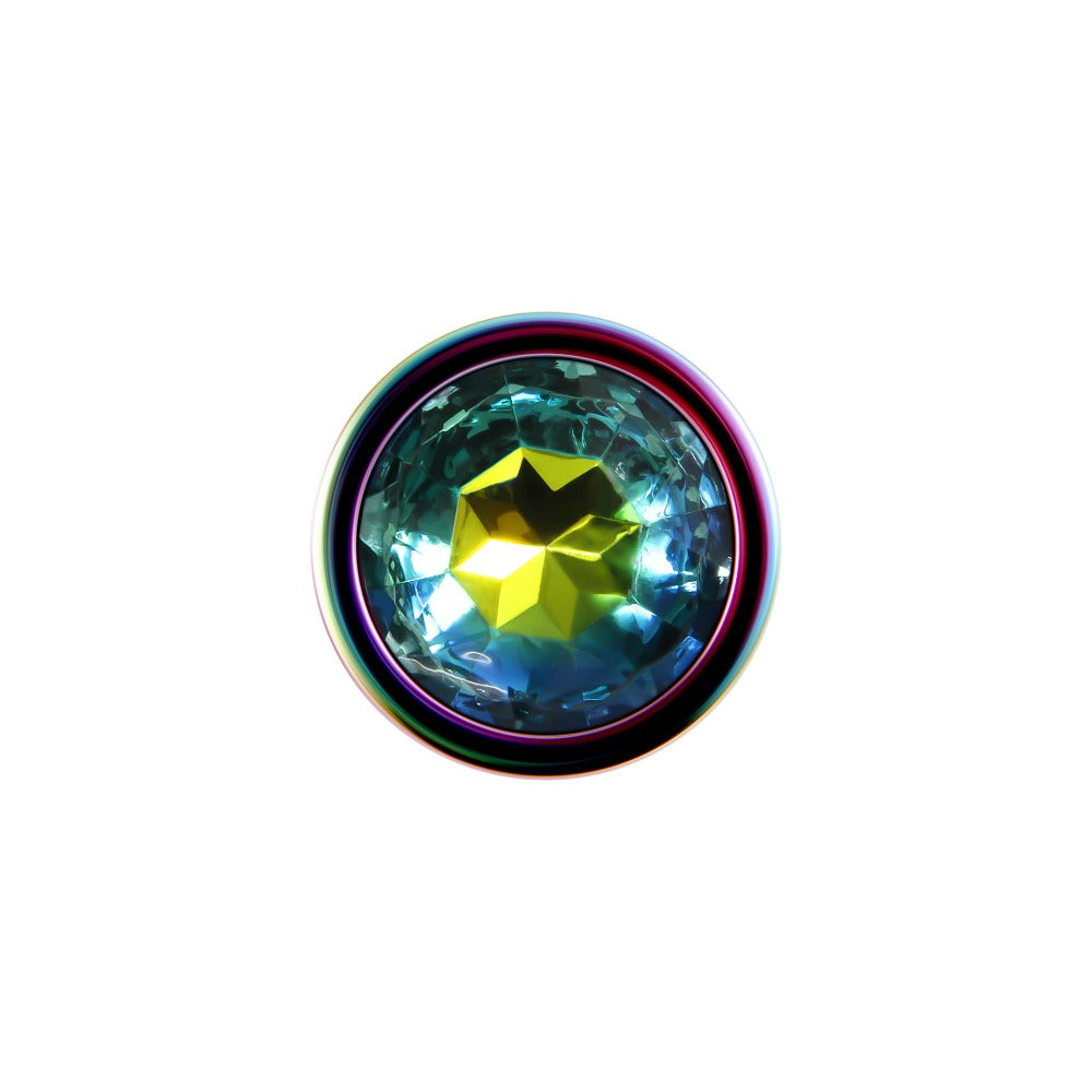 Medium rainbow metal anal plug with a faceted gem.