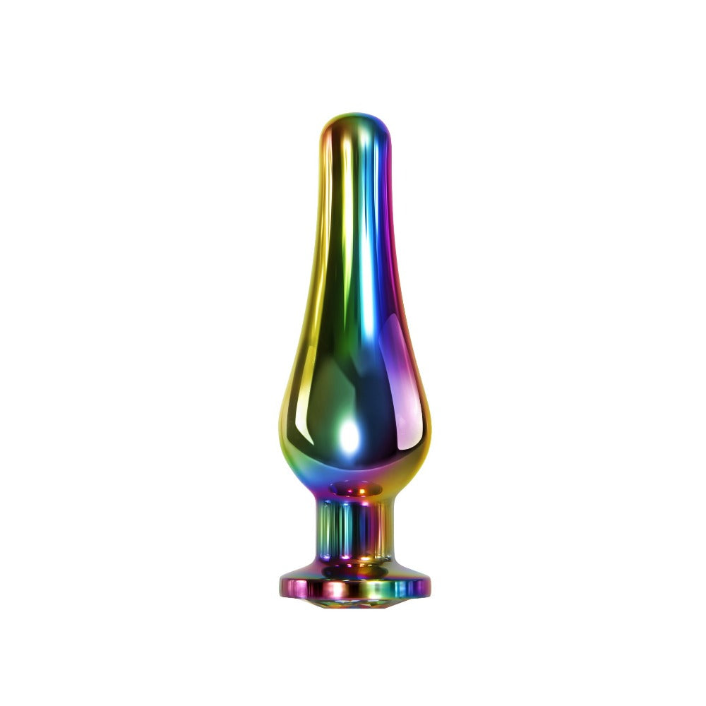 Medium rainbow metal anal plug with a gem accent.