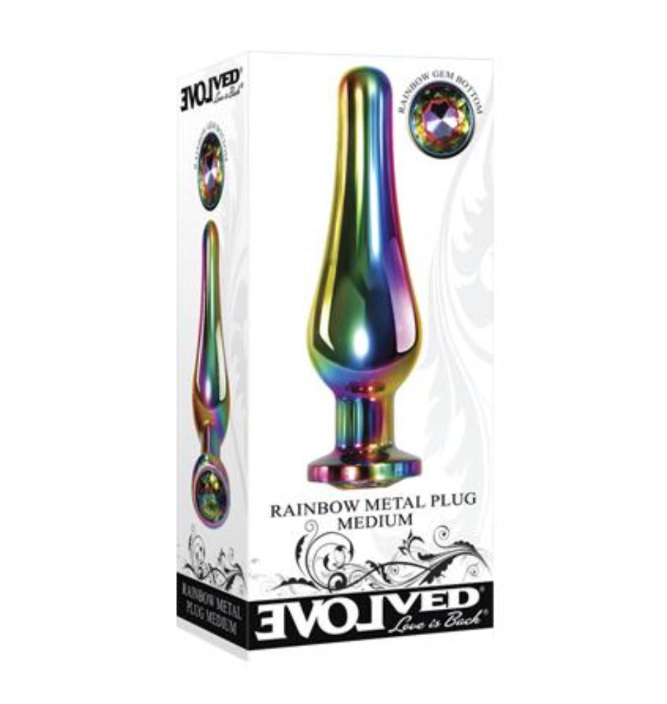 Medium rainbow metal anal plug with a gem on the base.