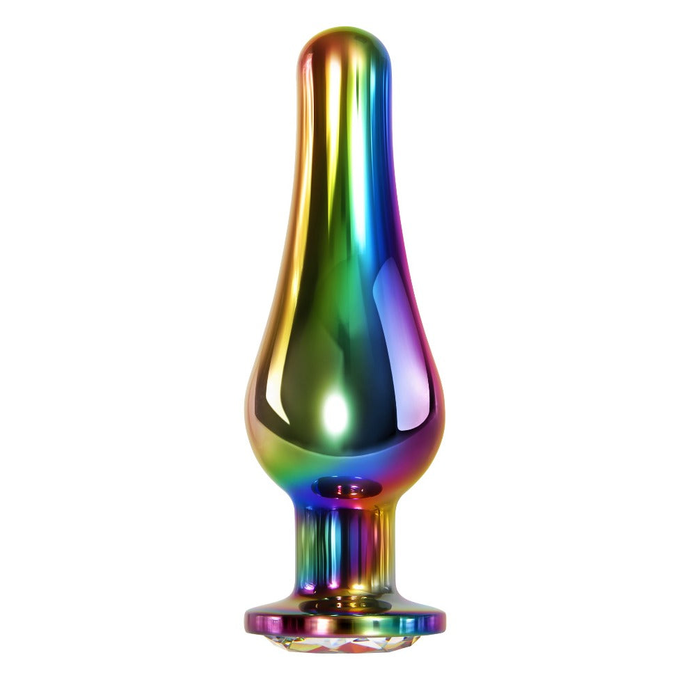 Large rainbow metal anal plug with a gem base.