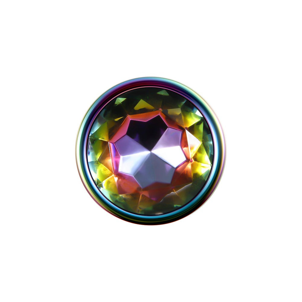 Large rainbow metal anal plug with a faceted gem.