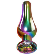 Large rainbow metal anal plug with a faceted gem.