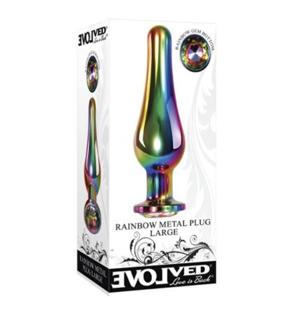 Large rainbow metal anal plug with a gem on the packaging.