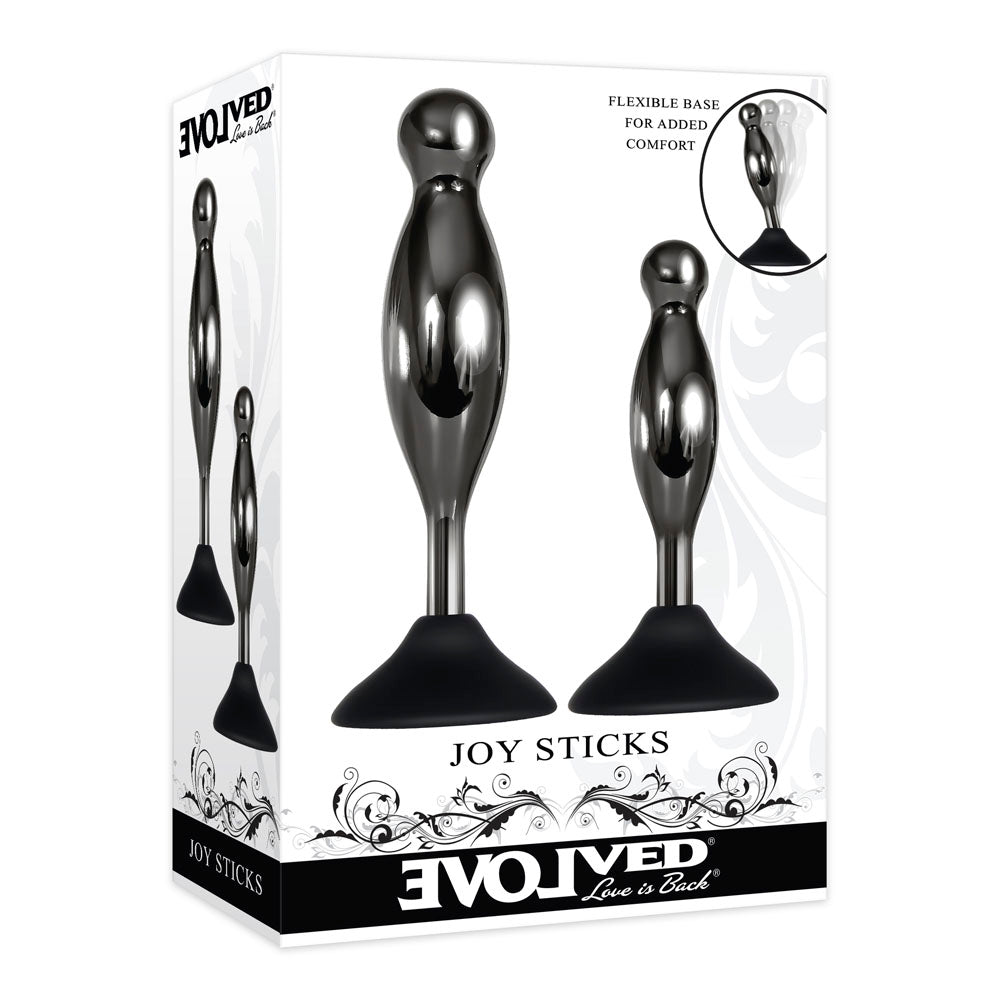 A set of two alloy and silicone joysticks with suction cup bases.