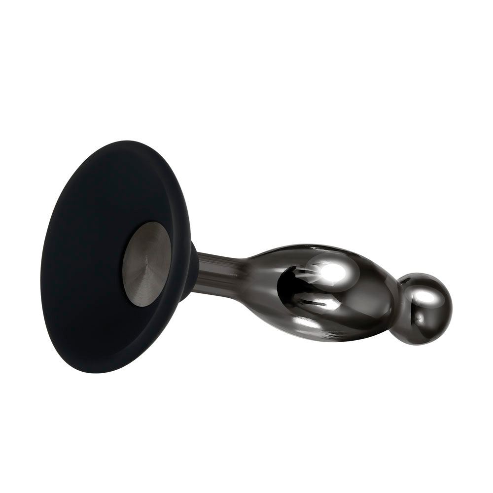 Black suction cup anal plug with a metallic alloy joystick.
