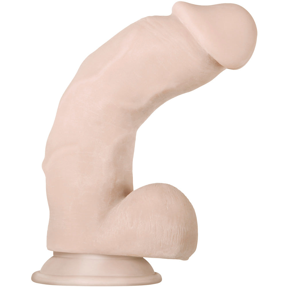 Poseable realistic dildo with suction cup base, made of soft flesh-colored TPE.