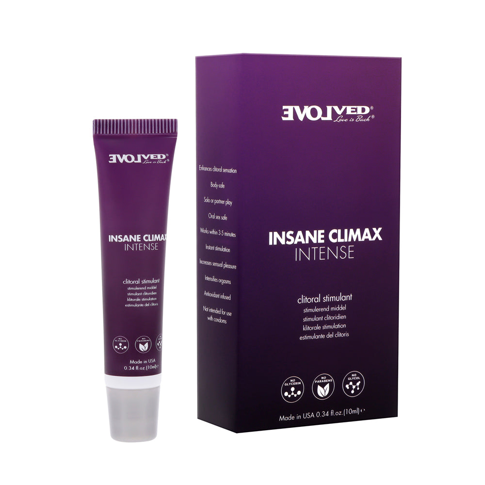 Insane Climax Intense clitoral stimulating oil in a purple tube and box.
