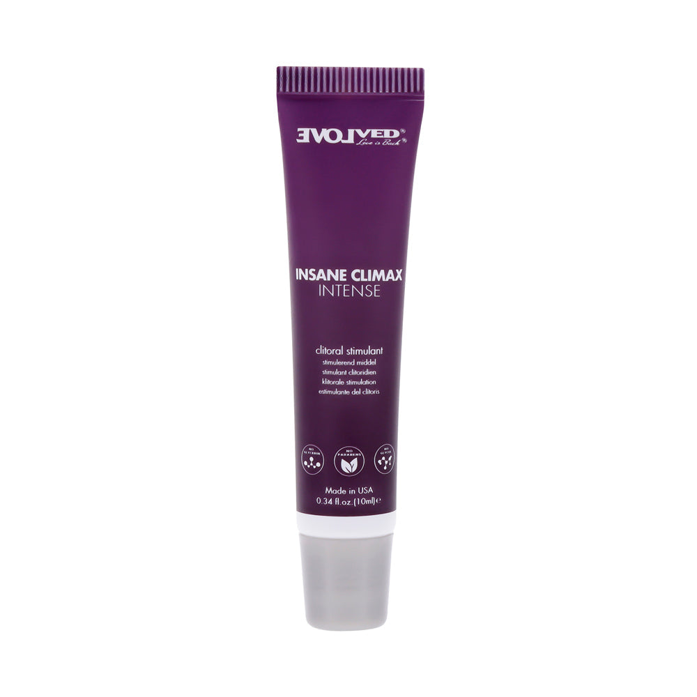 Evolved Novelties Insane Climax Intense clitoral stimulating oil in a purple tube.