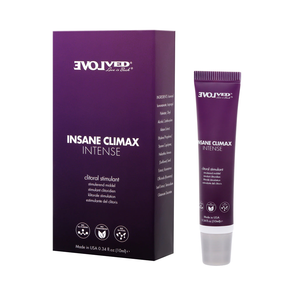 Insane Climax Intense clitoral stimulating oil in a purple box and tube.