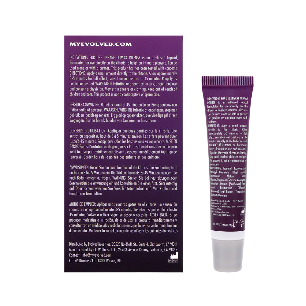 Evolved Novelties Insane Climax Intense clitoral stimulating oil in a purple tube.