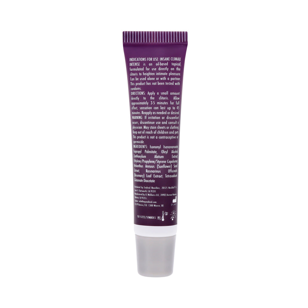 Tube of Insane Climax Intense Clitoral Stimulating Oil with ingredient list.