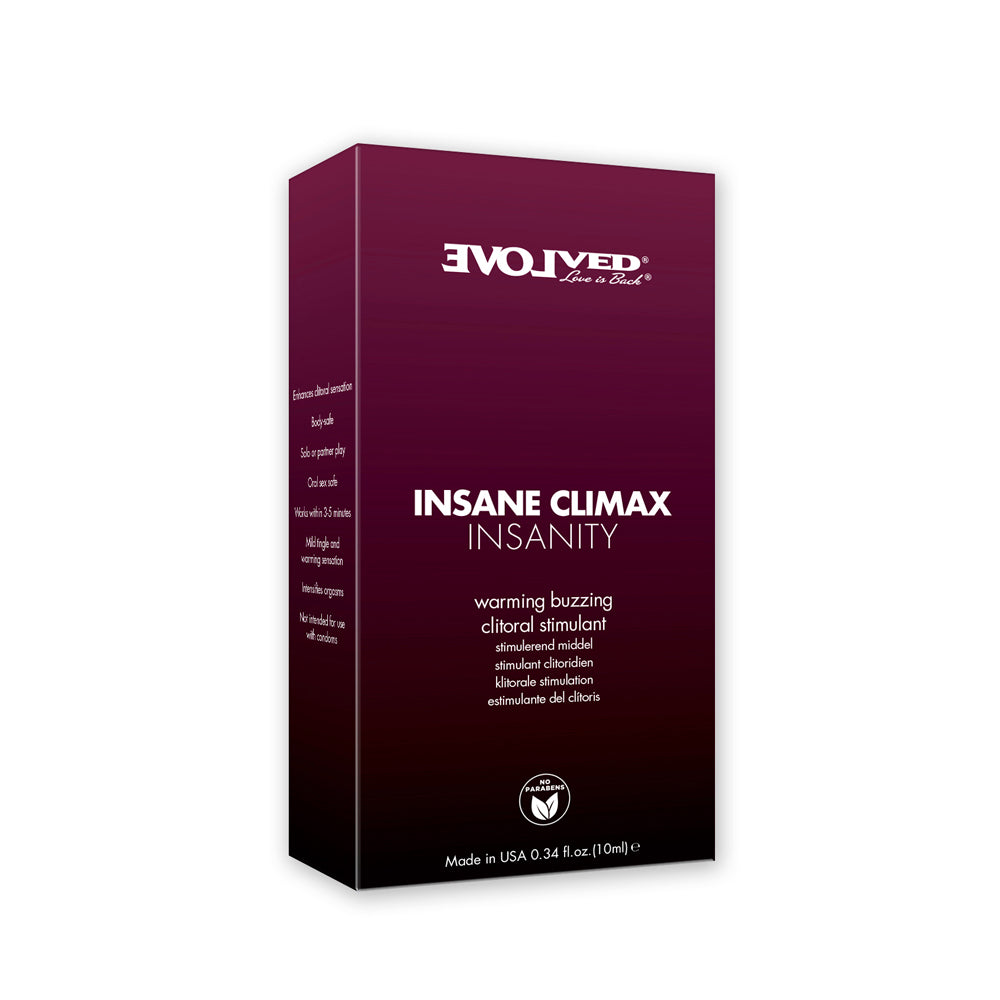 Insanity Warming and Buzzing Climax Gel box with product details.