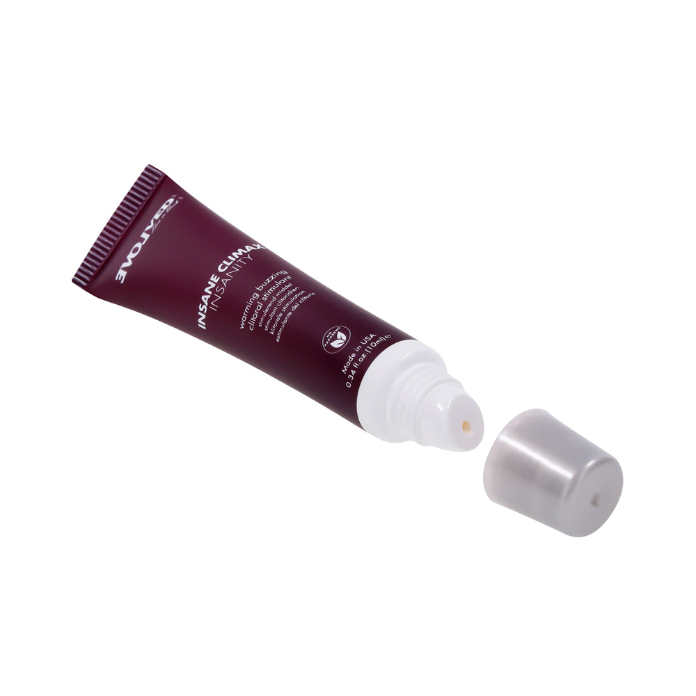 A tube of Insanity Warming and Buzzing Climax Gel with the cap off.