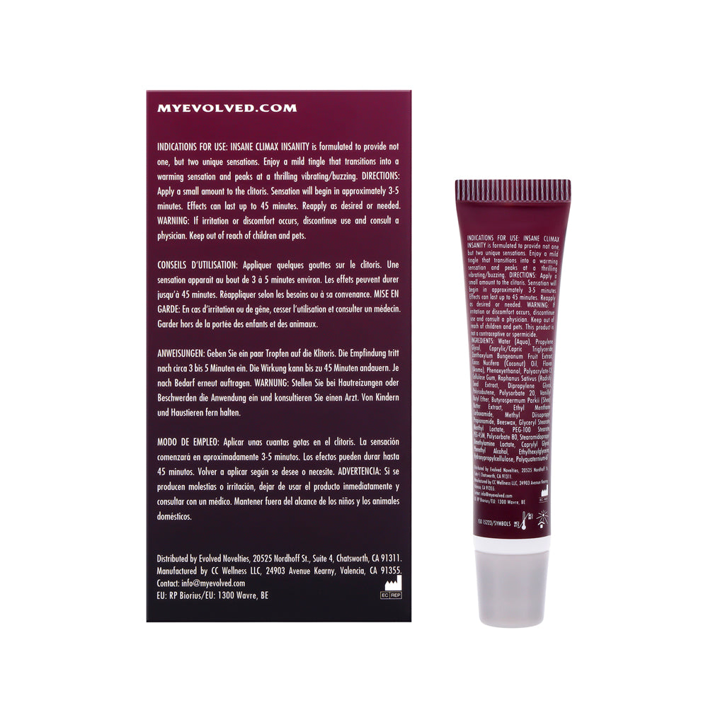 Insanity Warming and Buzzing Climax Gel with product information in multiple languages.