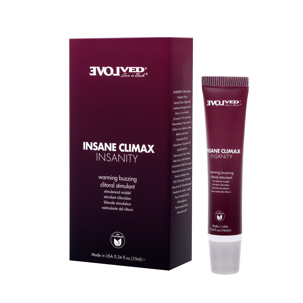 Insanity Warming and Buzzing Climax Gel tube and box.