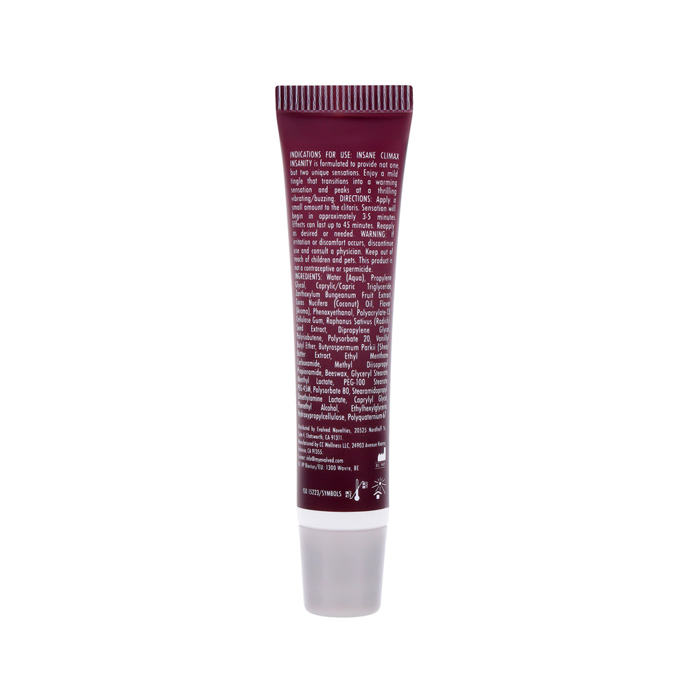 A tube of Insanity Warming and Buzzing Climax Gel with product information.