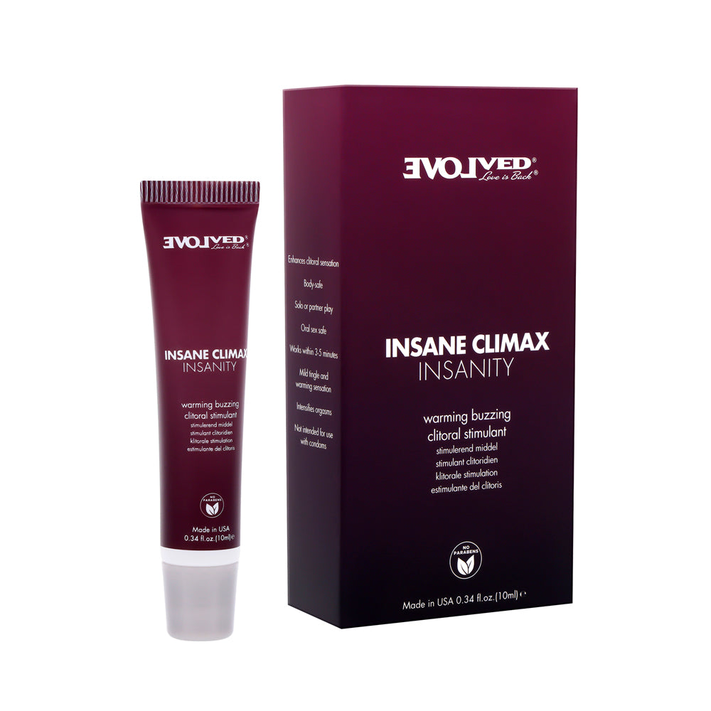 Insanity Warming and Buzzing Climax Gel tube and box.