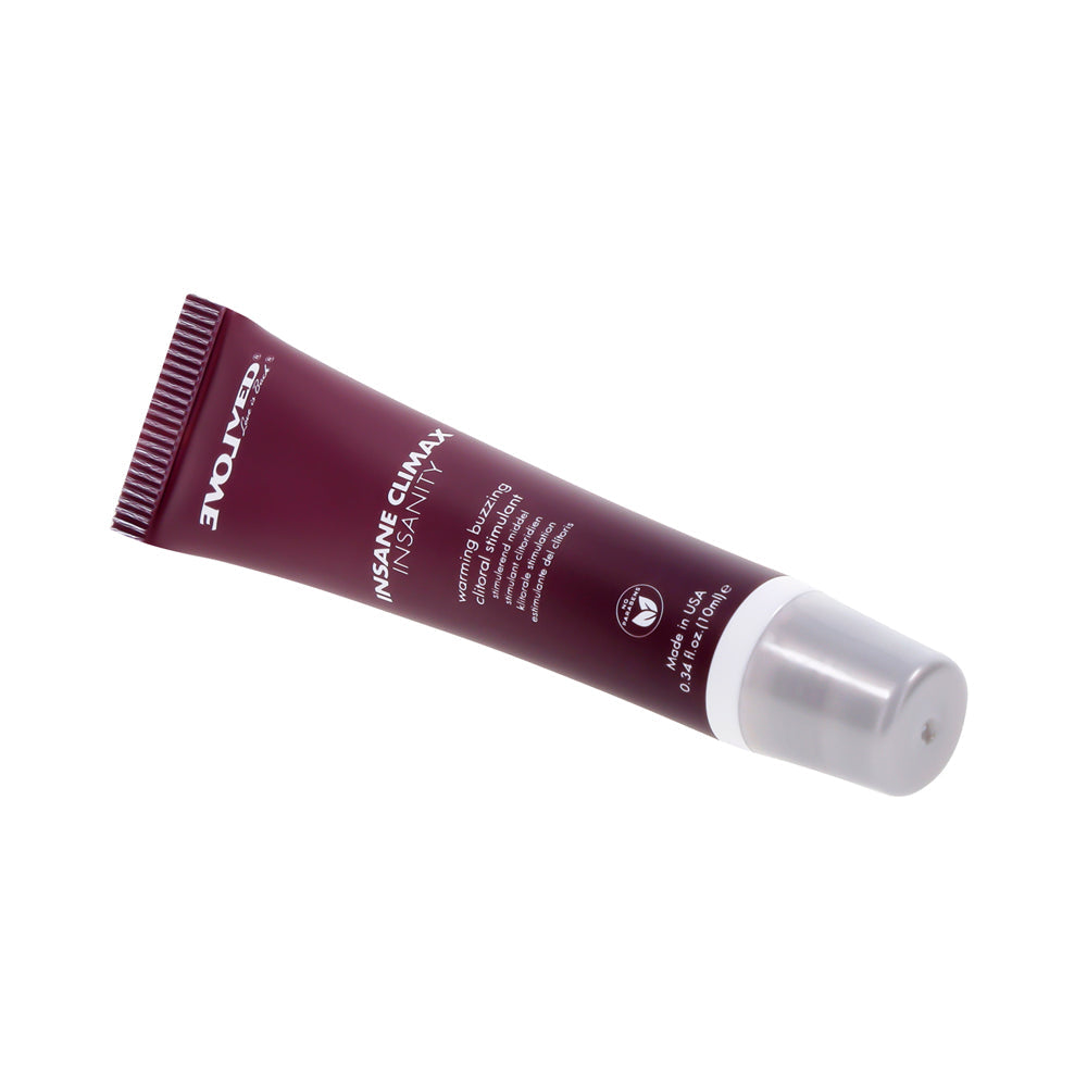 A tube of Insanity Warming and Buzzing Climax Gel by Evolved Novelties.