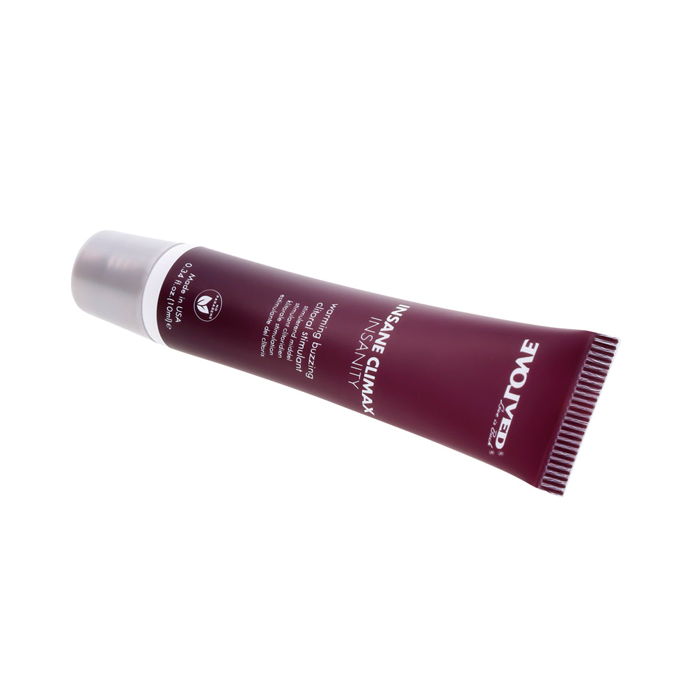 Insanity Warming and Buzzing Climax Gel tube with text.