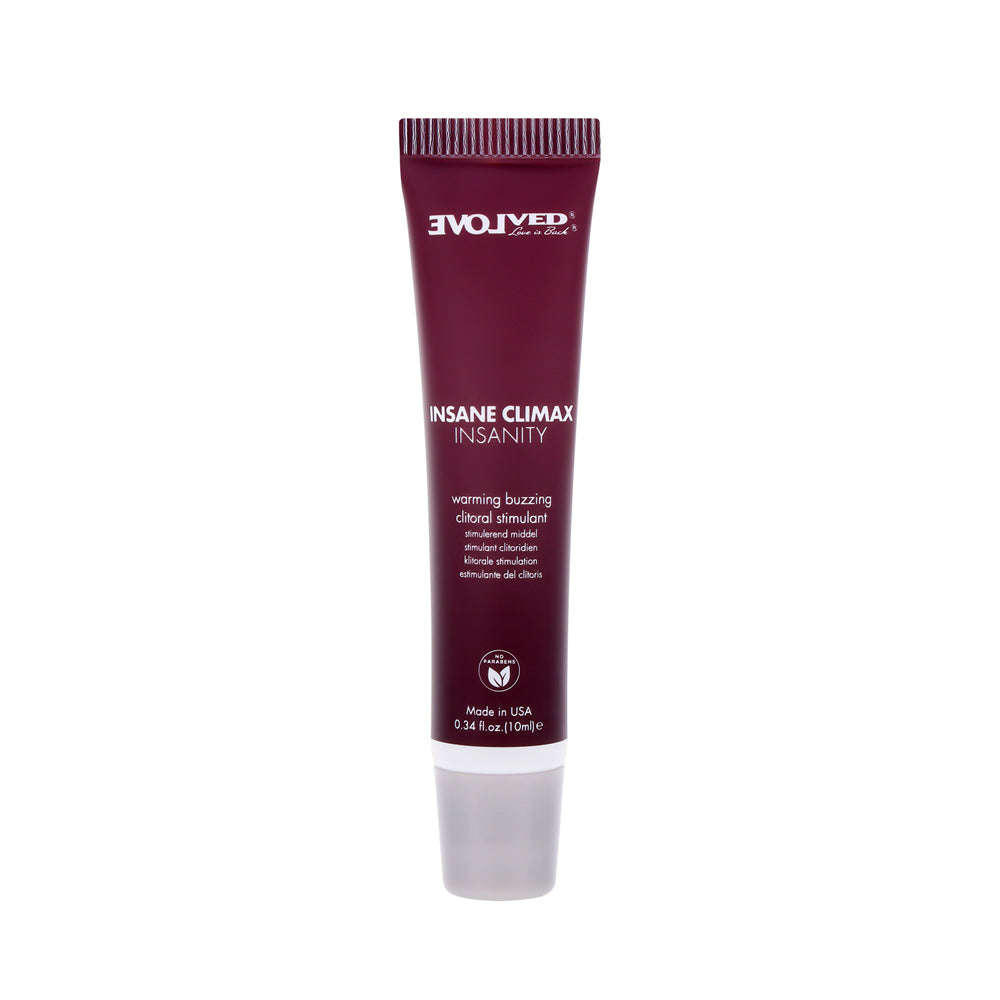 Insanity Warming and Buzzing Climax Gel tube with text.
