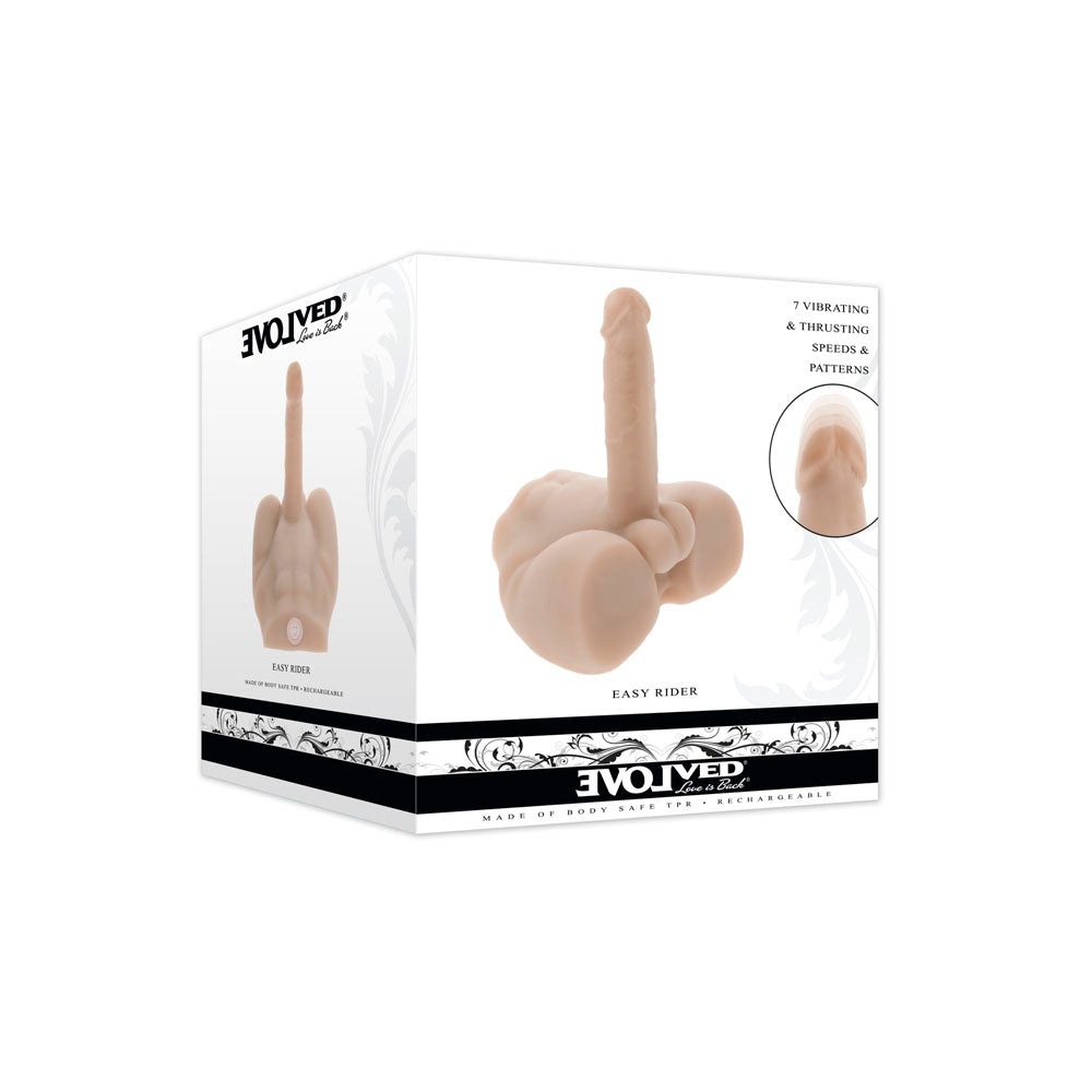 Boxed waterproof rechargeable thrusting realistic male masturbator by Evolved.