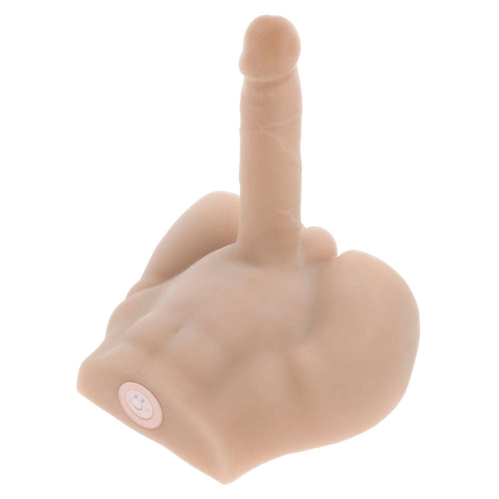 Realistic male masturbator with a hand base and a button.
