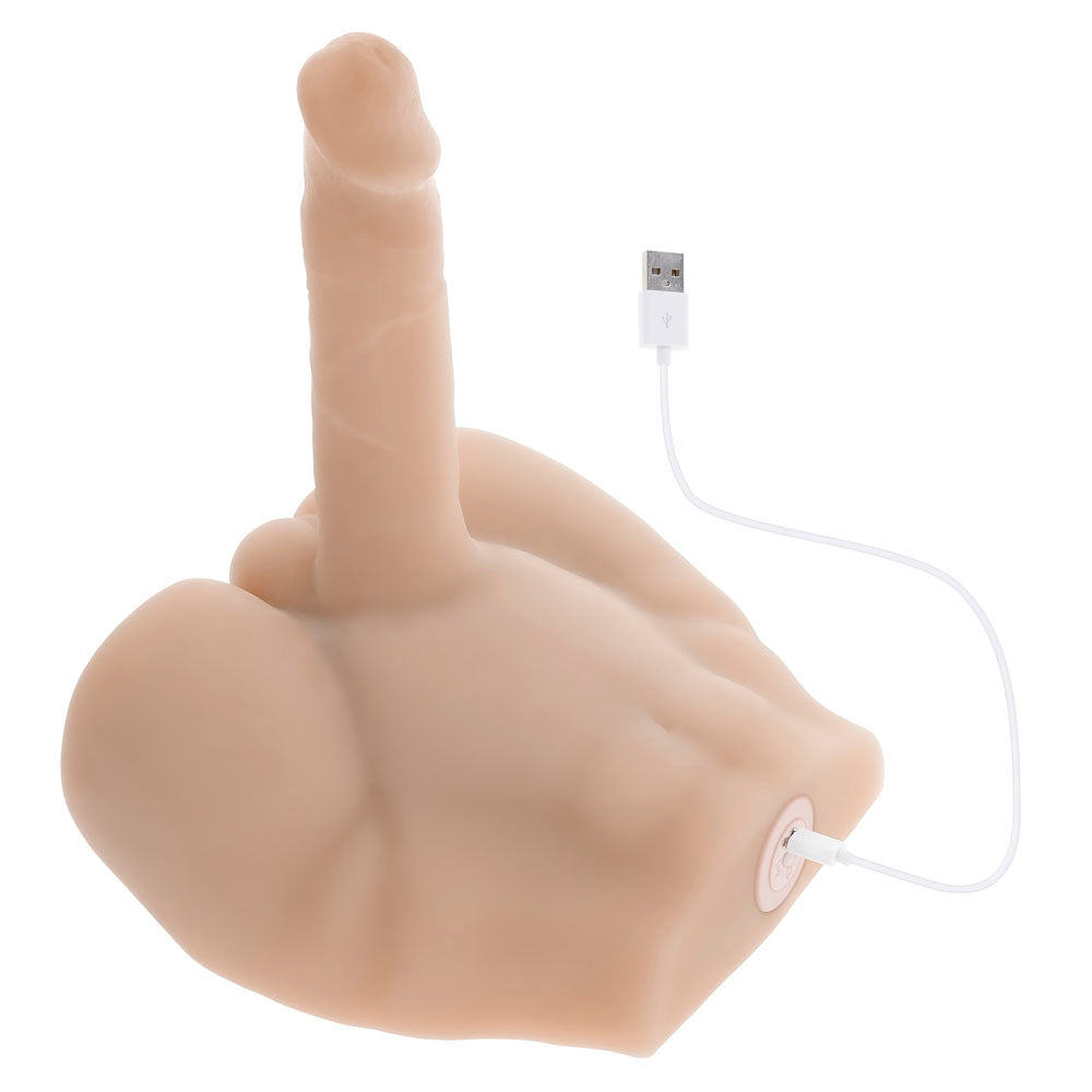 Realistic male masturbator with thrusting feature, waterproof, and USB rechargeable cable.