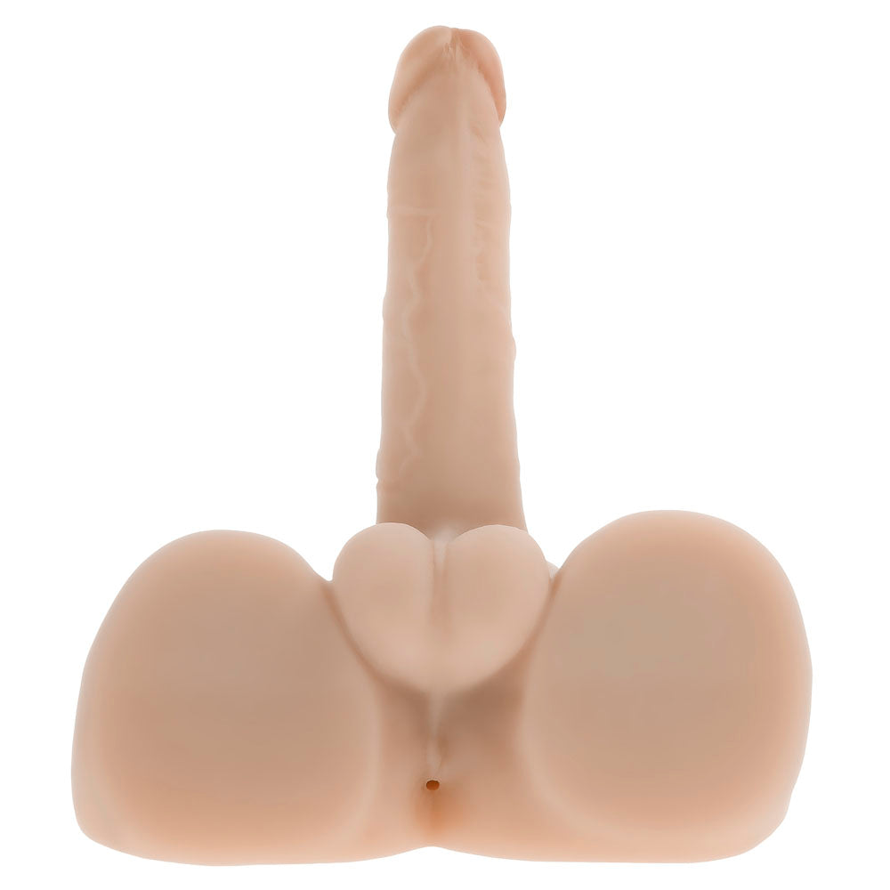 Realistic male masturbator with textured shaft and scrotum.