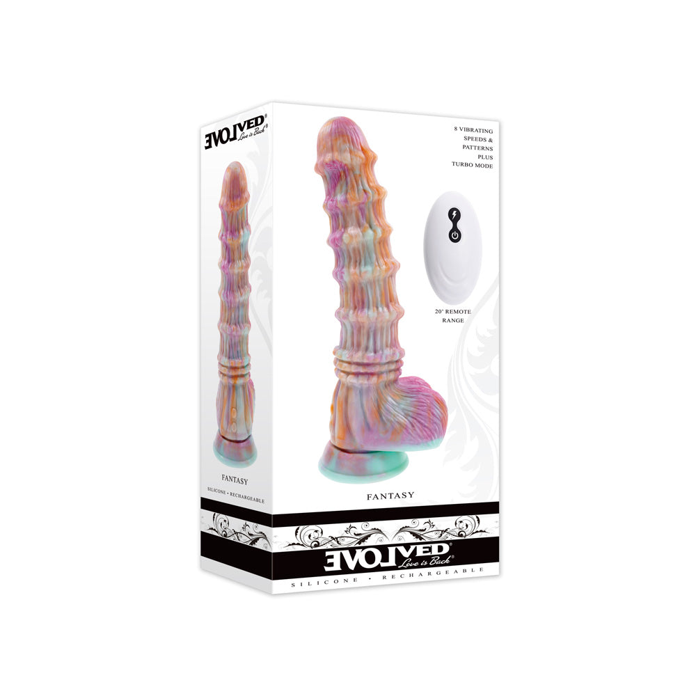 Boxed rechargeable silicone girthy fantasy dildo with remote control and textured shaft.