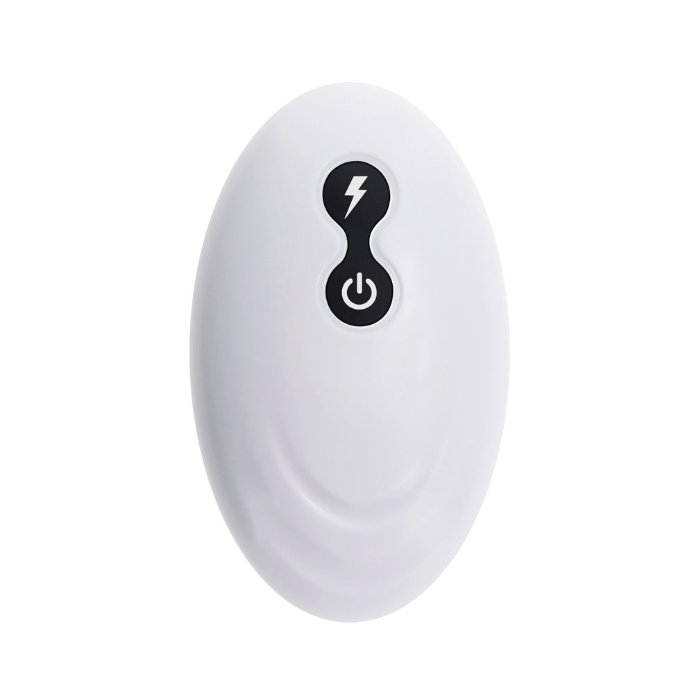 White oval remote control with power and lightning bolt buttons.