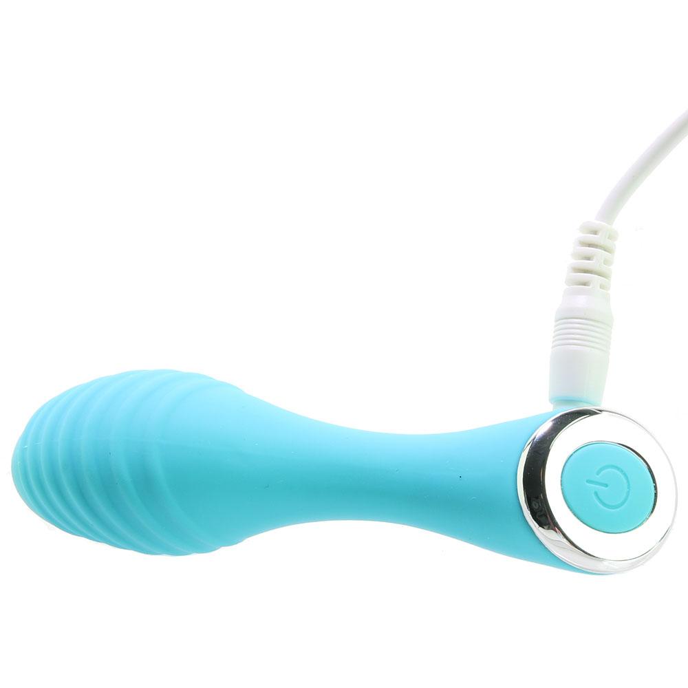 Blue rechargeable waterproof silicone massager with a power button.