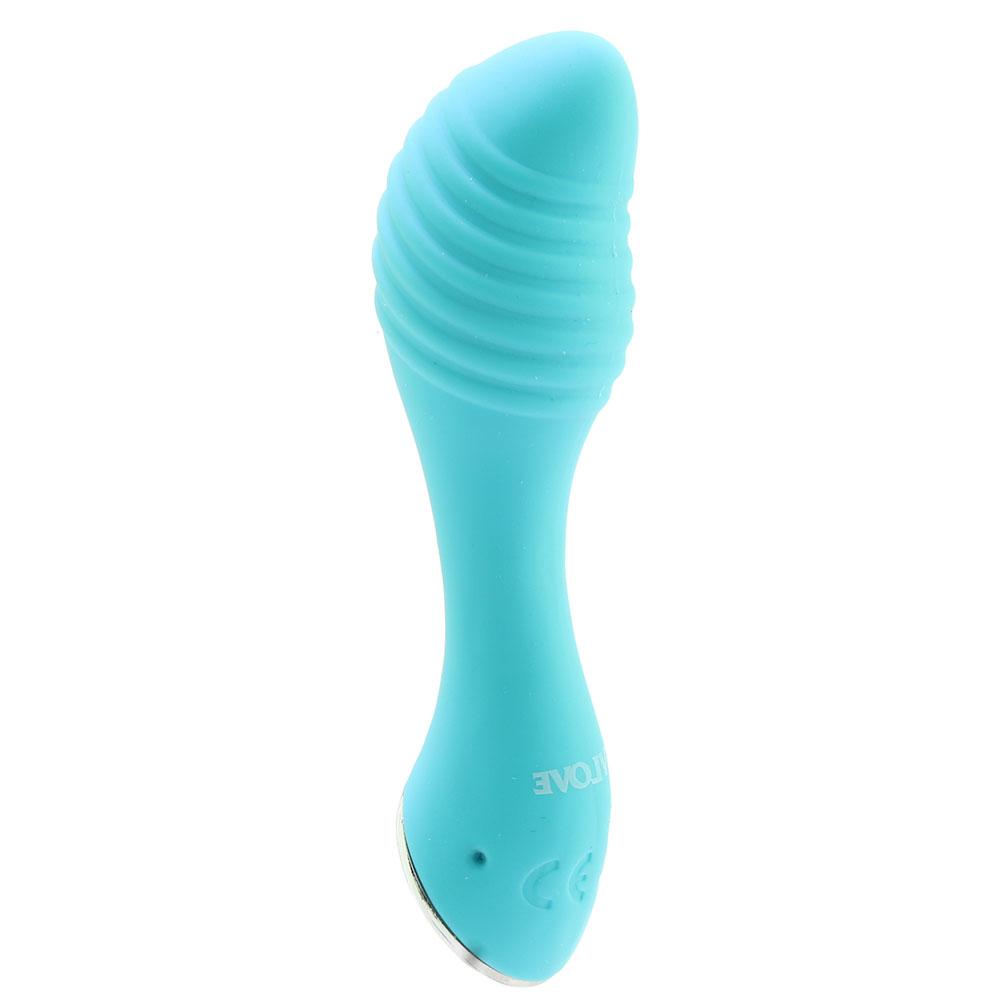 Blue rechargeable waterproof silicone massager with ribbed texture.