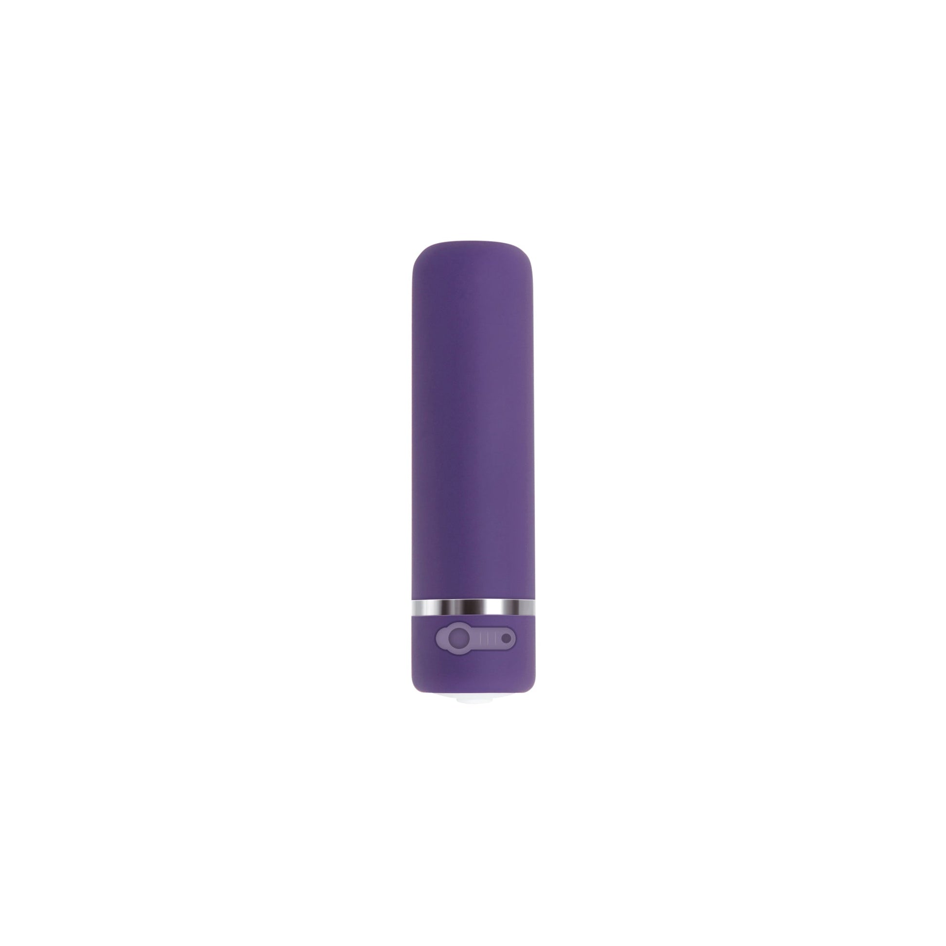 A purple bullet vibrator with a silver band and control buttons.