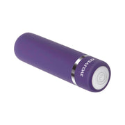 A purple bullet vibrator with a silver band and a white button.
