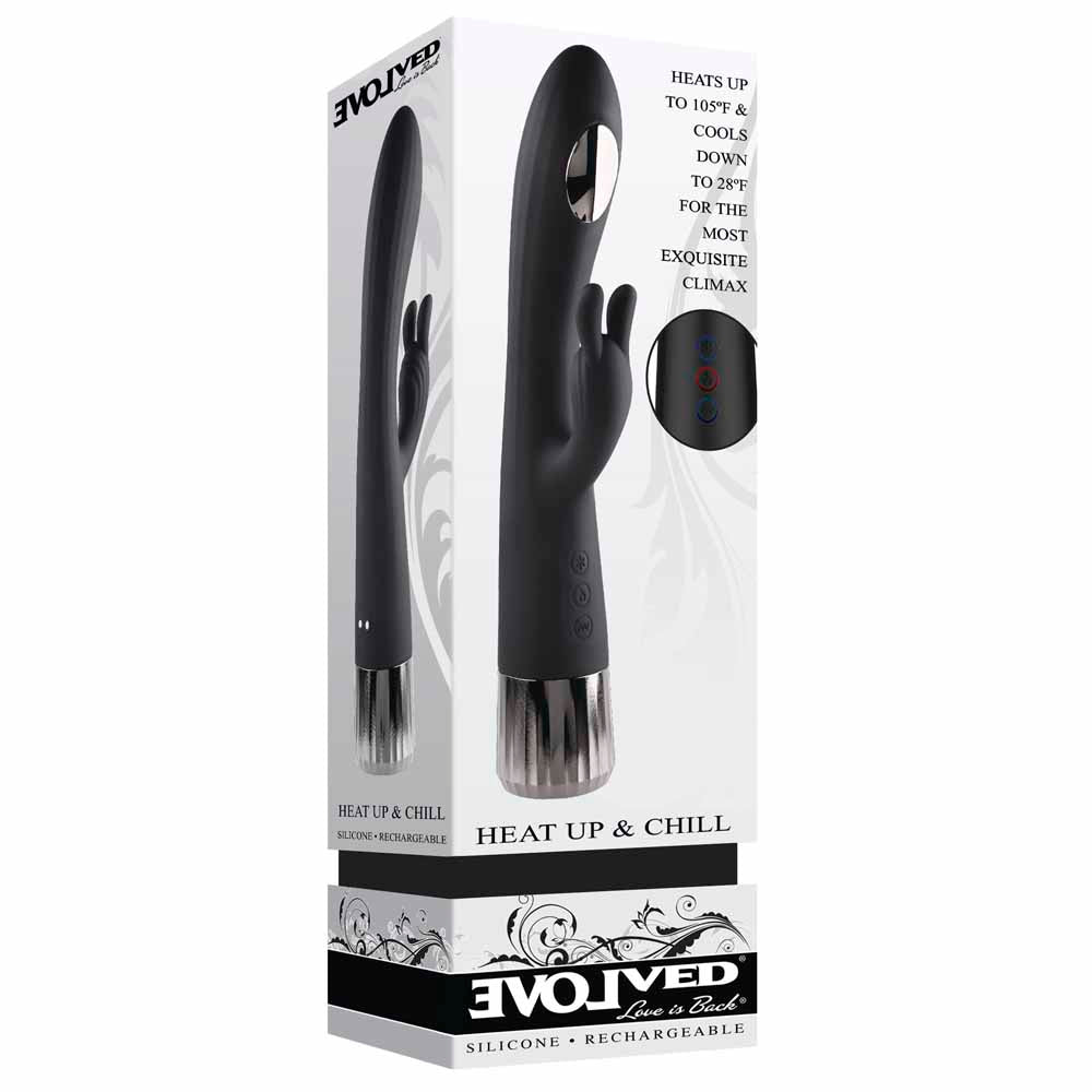 Black heating and cooling G-spot rabbit vibrator with chrome accents.