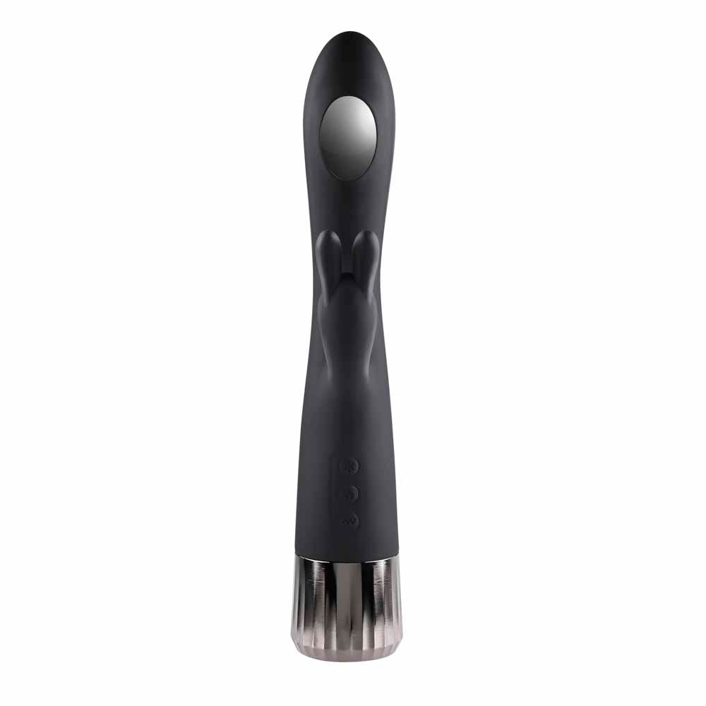 Black rabbit vibrator with a silver metallic base and a silver button.