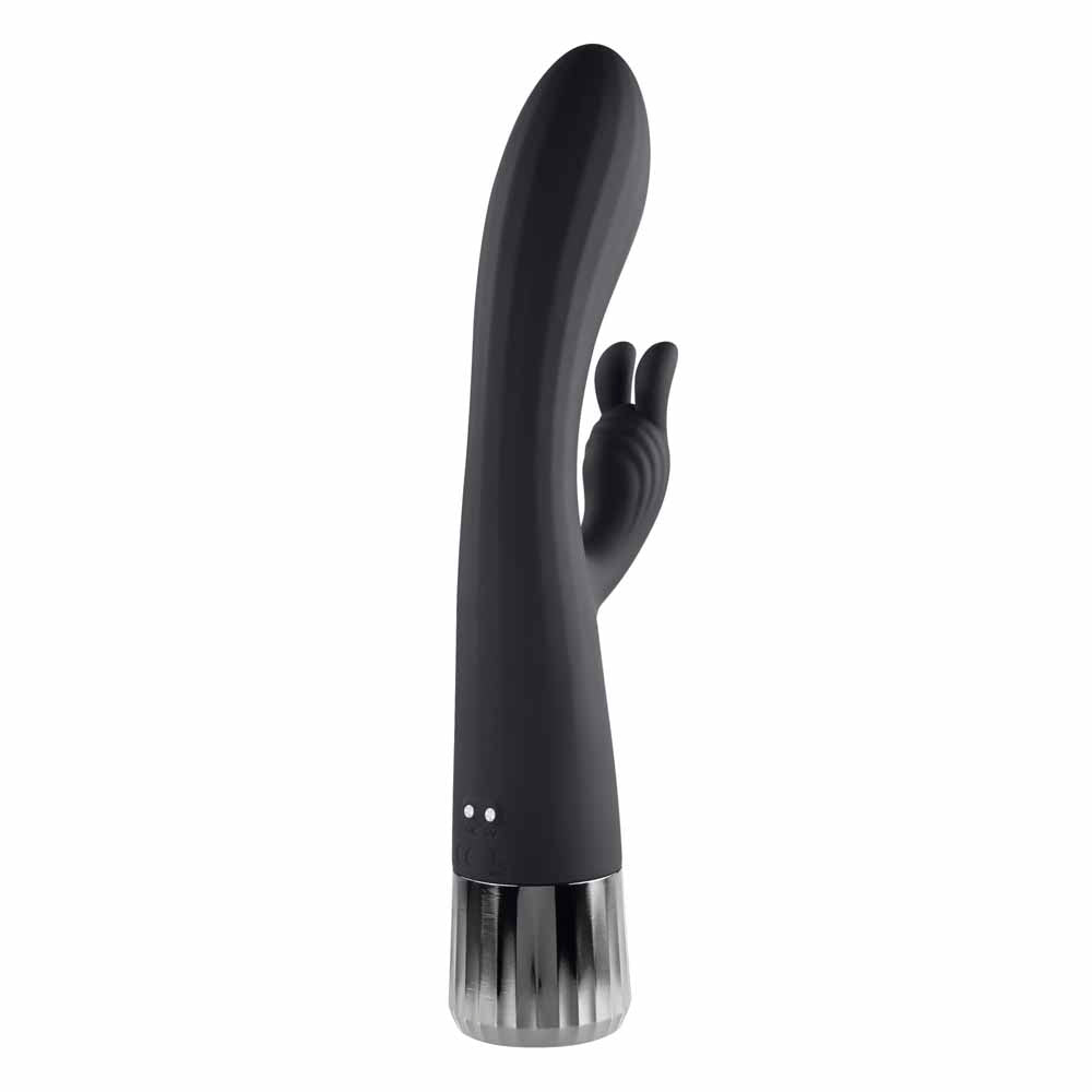Black G-spot rabbit vibrator with ribbed chrome base.