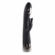 Black rabbit vibrator with silver accents and buttons.