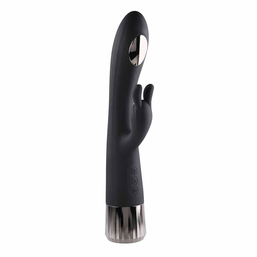 Black rabbit vibrator with silver accents and buttons.