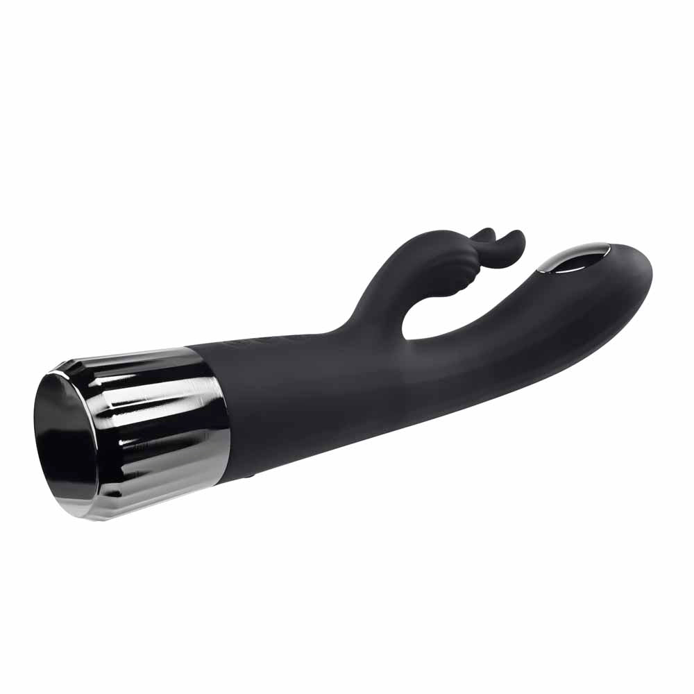 Black rabbit vibrator with chrome accents and dual stimulators.