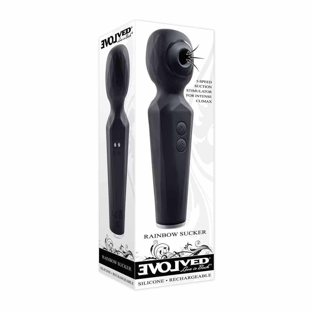 Black dual motor sucking wand vibrator with suction orifice and buttons.
