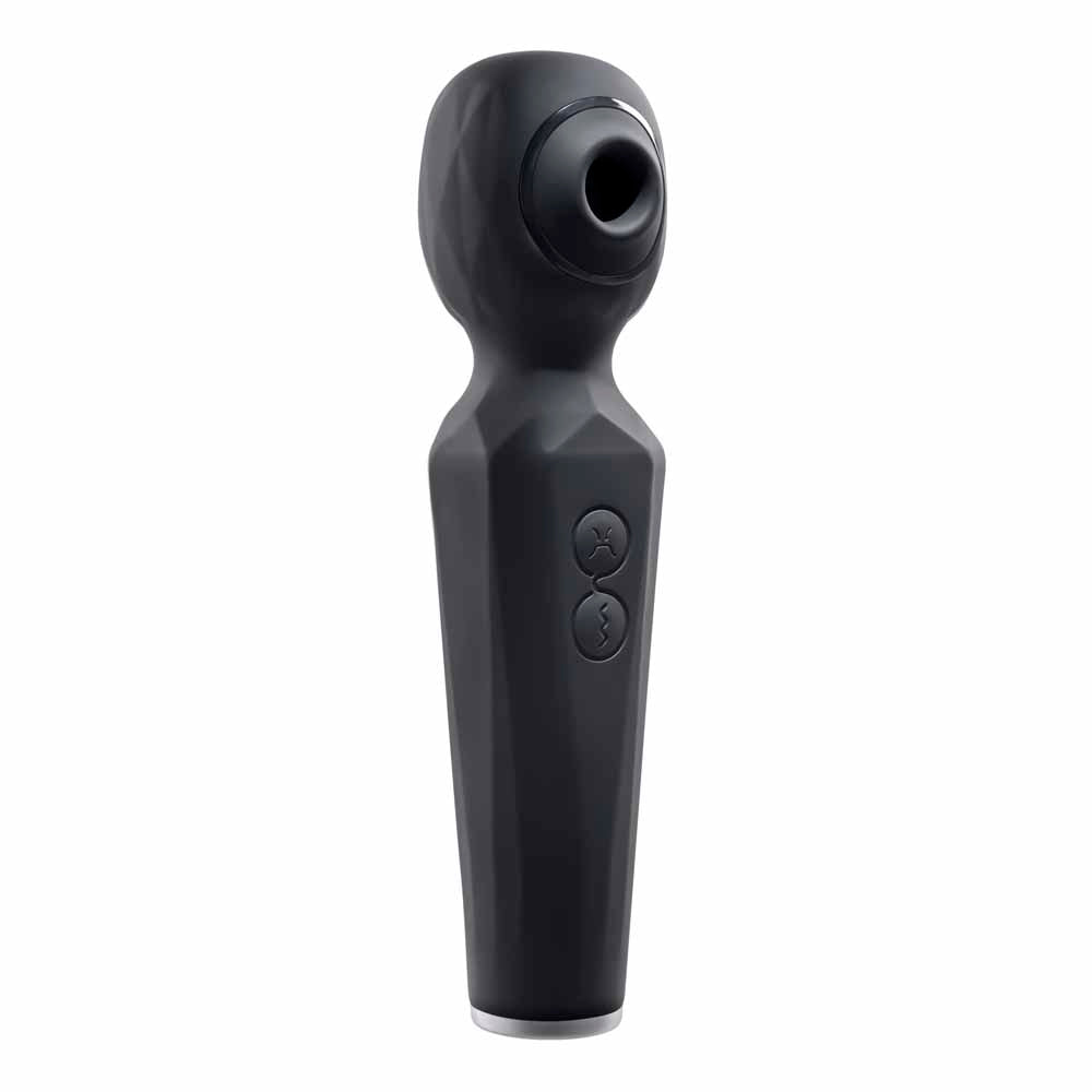 Black dual motor wand vibrator with textured head and handle.