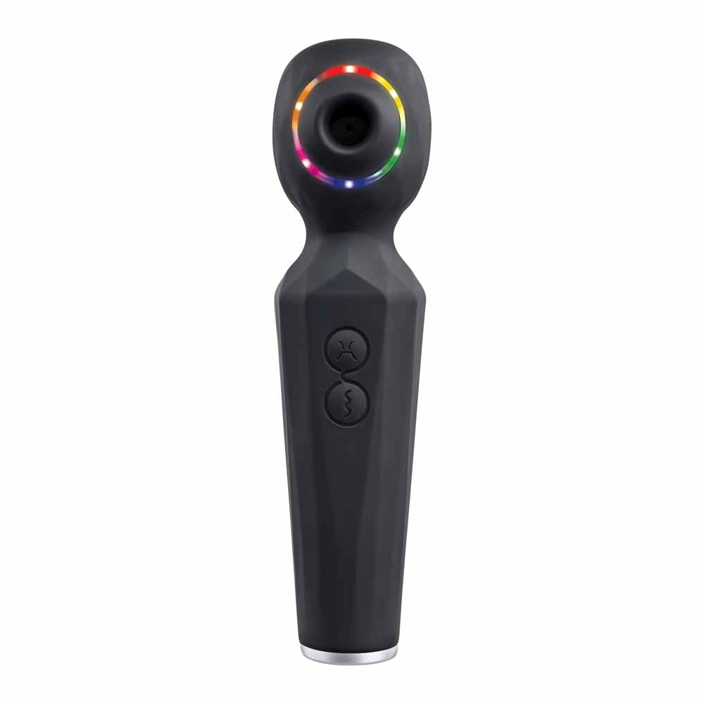 Black dual motor sucking wand vibrator with rainbow light ring.